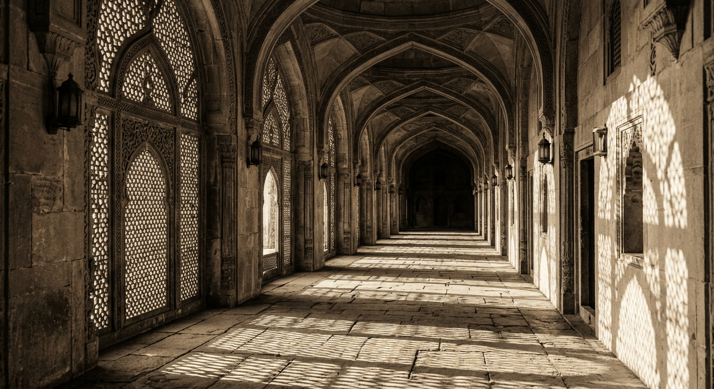 A long stone corridor lined with carved mashrabiya arches and long afternoon shadows