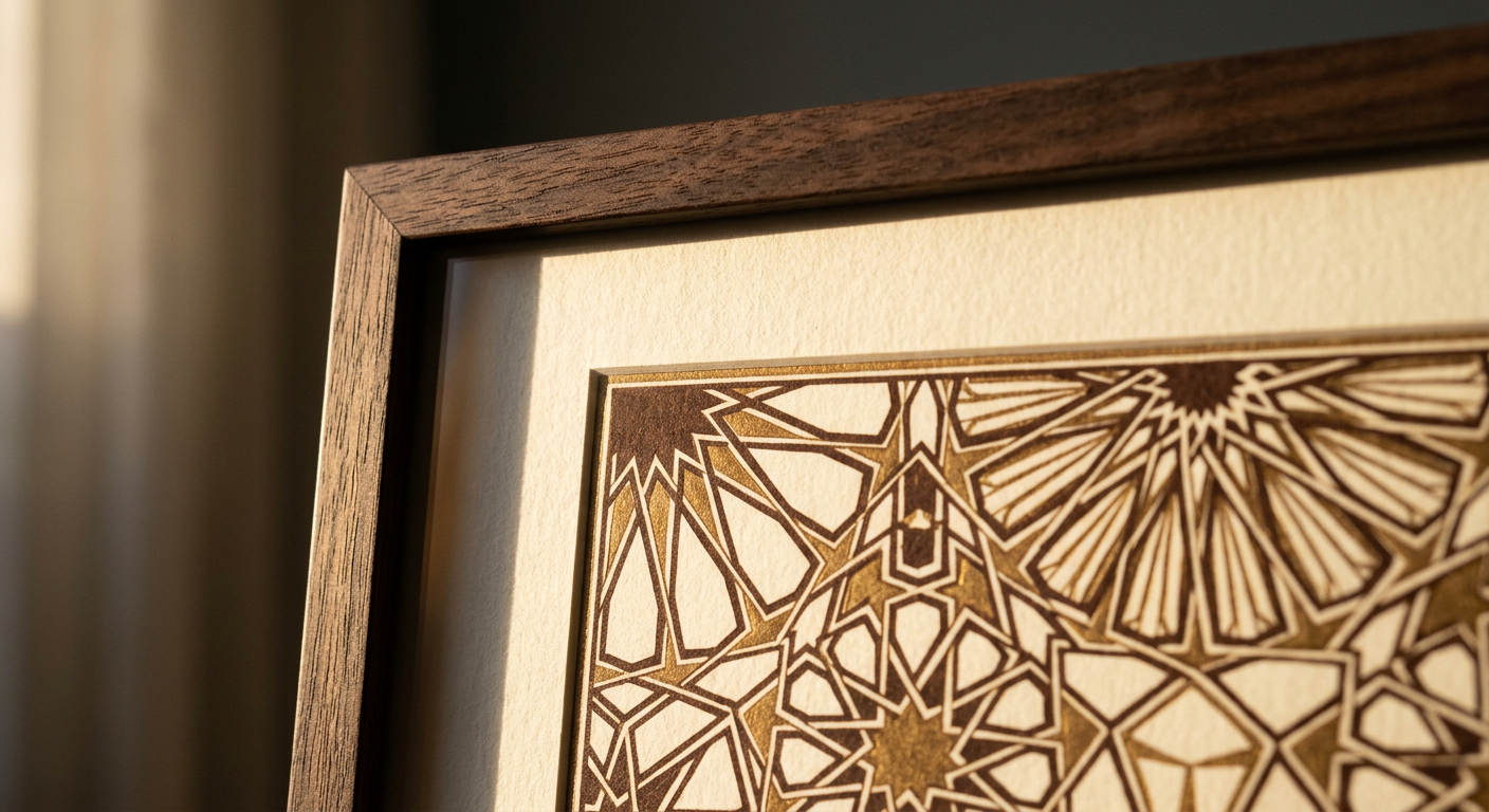 Macro detail of the framed edge of a geometric pattern print