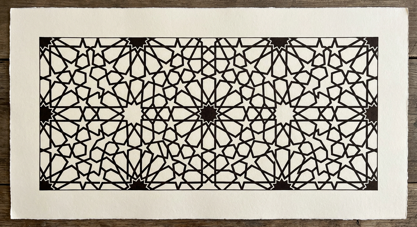 A restored geometric star pattern printed in black ink on cream cotton paper