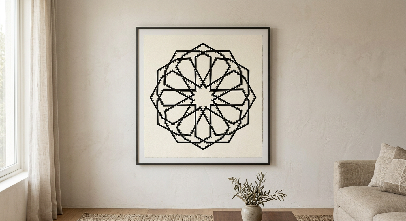 A framed geometric pattern print hanging on a plain plaster wall
