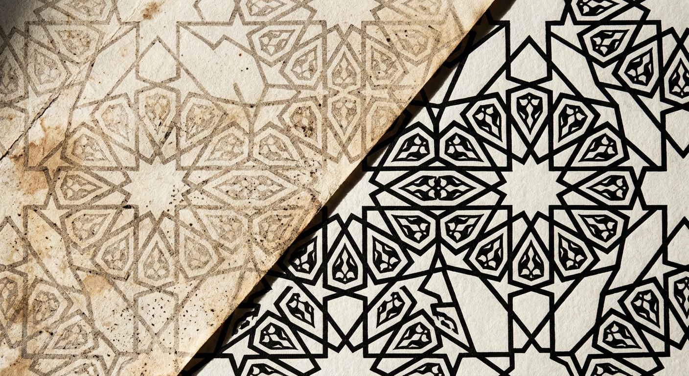 A geometric pattern print half faded and stained, half restored to crisp black ink line work