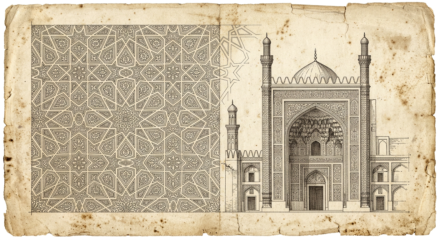 An aged nineteenth-century architectural survey drawing of a geometric ornament pattern